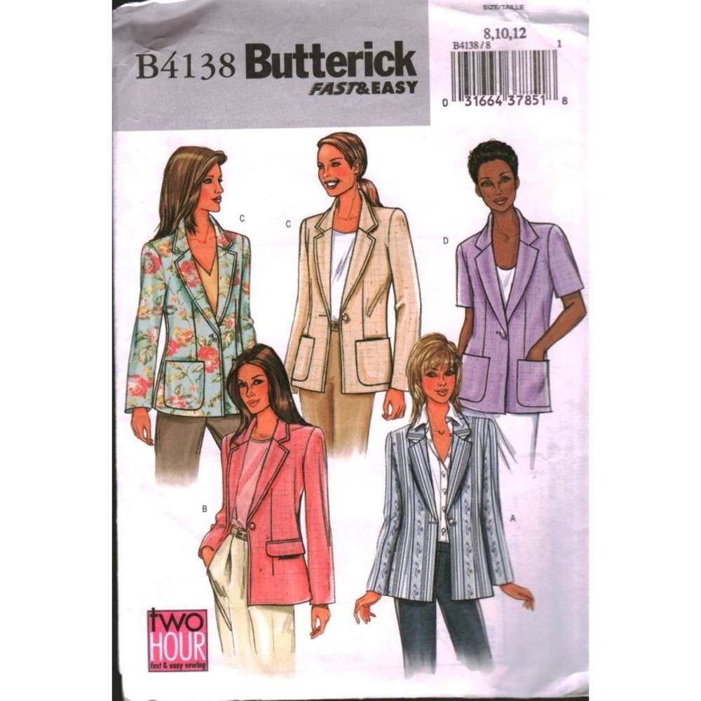 Butterick B4138 Sewing Pattern Misses Jacket Blazer Short Long Sleeve Size 8-12